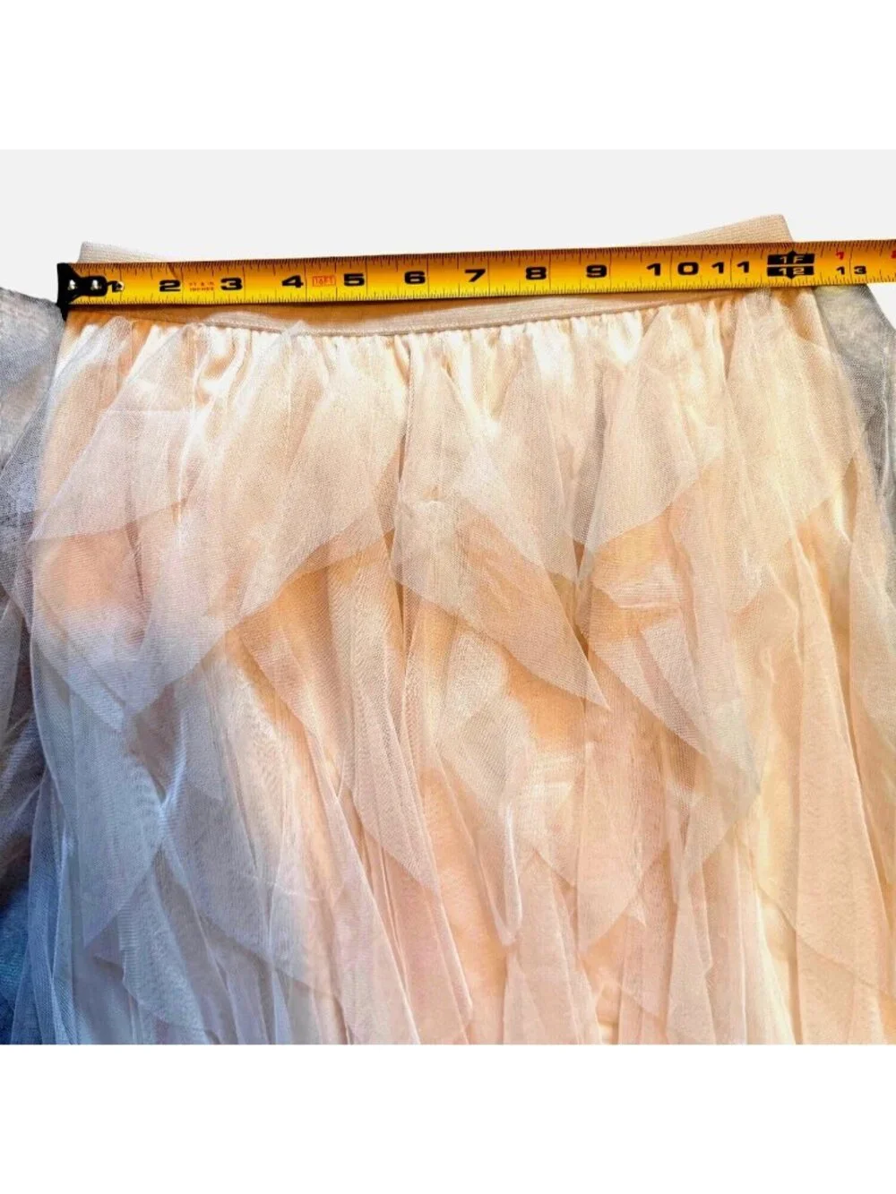 Creamy Peach Tulle Midi Skirt With Layered Ruffles Full Elastic Waistband